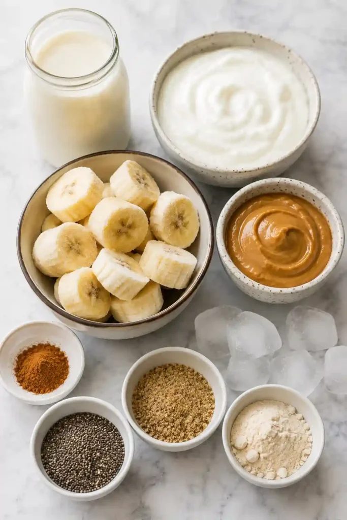 Healthy Peanut Butter Banana Smoothie topped with cinnamon and banana slices. A creamy smoothie recipe prepared in only five minutes.