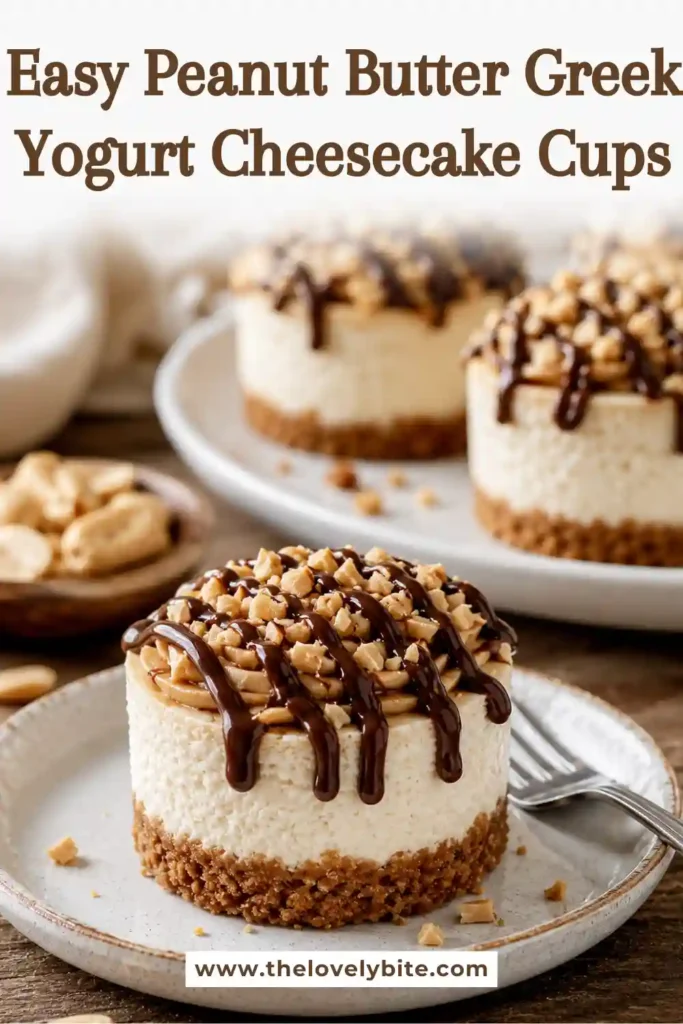 Healthy cheesecake cups layered with a graham cracker crust and smooth Greek yogurt cheesecake filling made with natural peanut butter. Mini chocolate chips and banana slices complete the presentation.