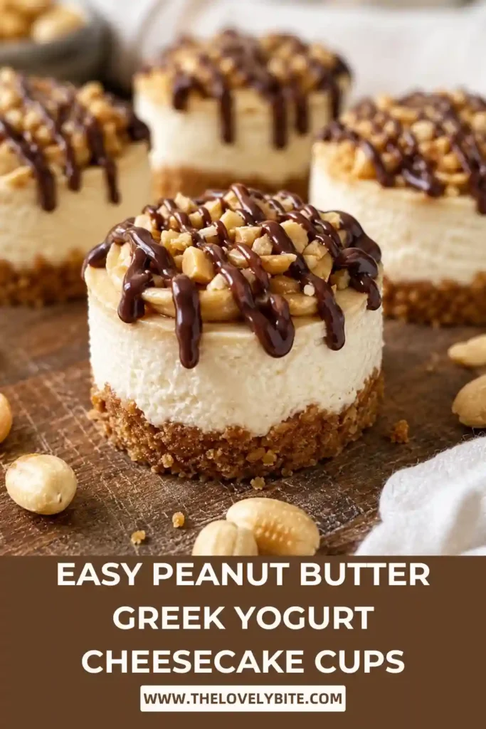 Protein cheesecake cups featuring creamy peanut butter filling over a crisp cookie crust in mini serving glasses. The chilled dessert is garnished with chopped peanuts and melted chocolate.