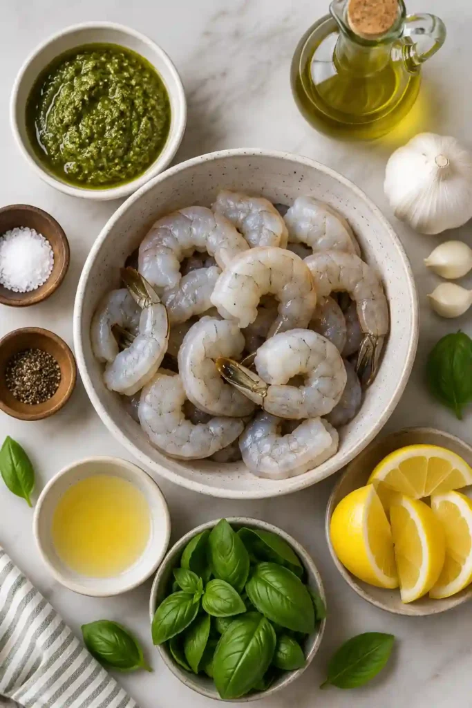 Freshly grilled pesto shrimp skewers brushed with basil pesto and garnished with basil leaves. Lemon wedges add a bright finish to this easy grilled shrimp recipe.