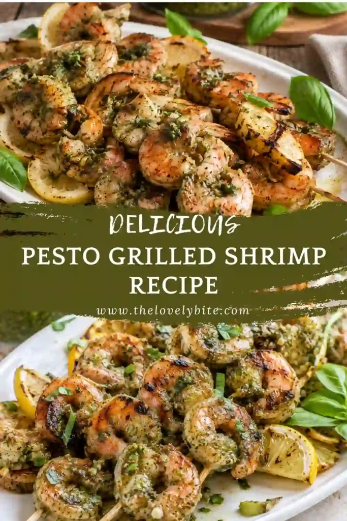 Juicy grilled shrimp coated in vibrant basil pesto and served on skewers with fresh herbs. This healthy seafood dinner is perfect for summer grilling.