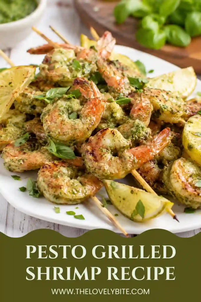 Golden grilled shrimp topped with rich basil pesto and served with fresh lemon wedges. A quick and flavorful shrimp dinner everyone will enjoy.