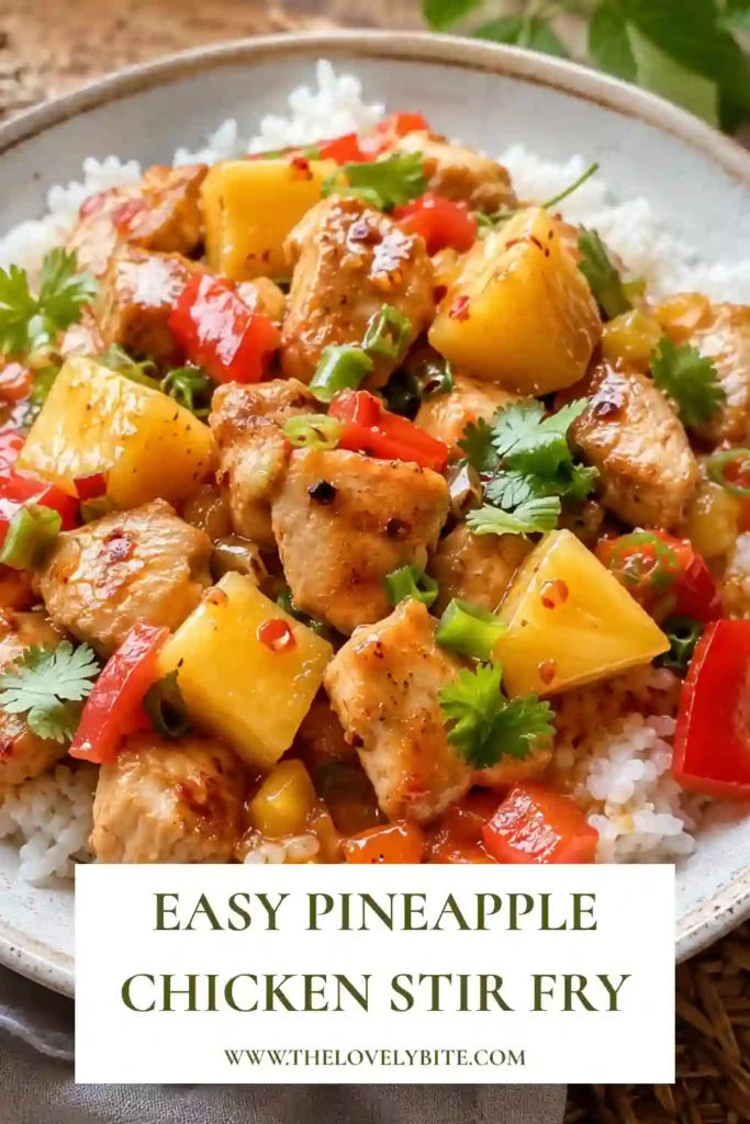 A colorful bowl of Pineapple Chicken Stir Fry made with juicy chicken, fresh pineapple chunks, vibrant bell peppers, and Thai sweet chili sauce. This easy weeknight dinner looks fresh, flavorful, and perfectly balanced.