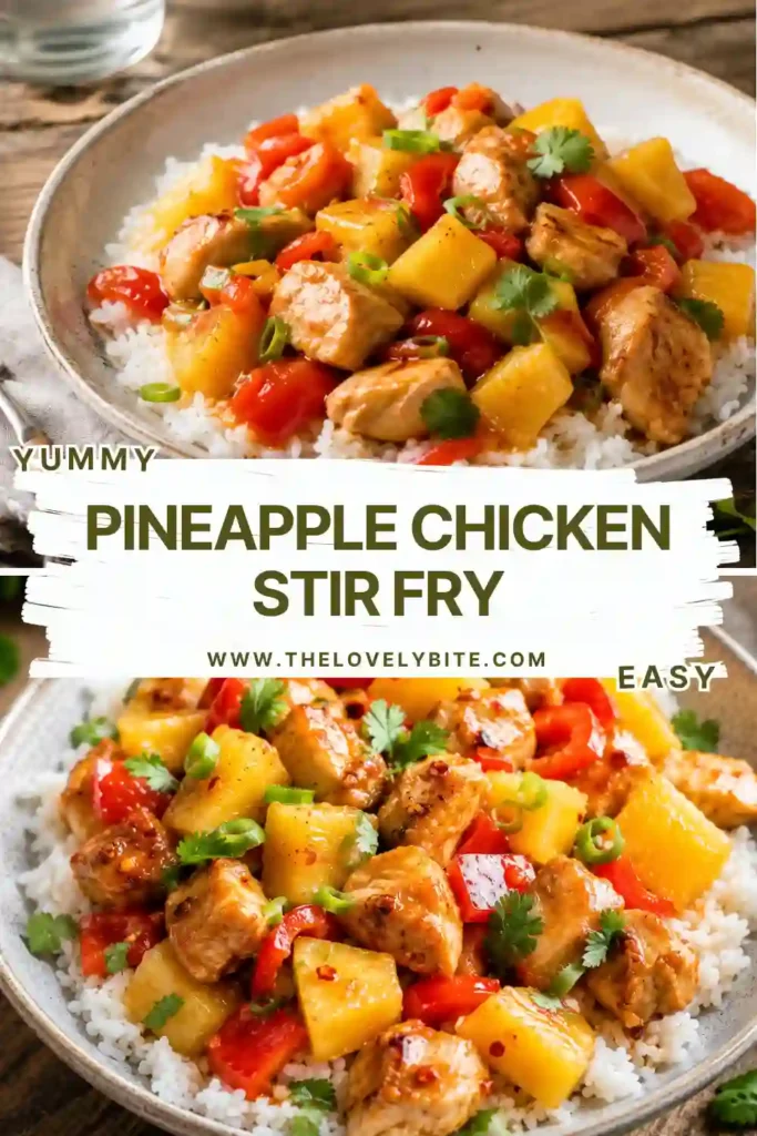Tender chicken stir-fried with pineapple and colorful vegetables in a glossy sweet chili sauce. A delicious Asian-inspired meal served over steamed rice.