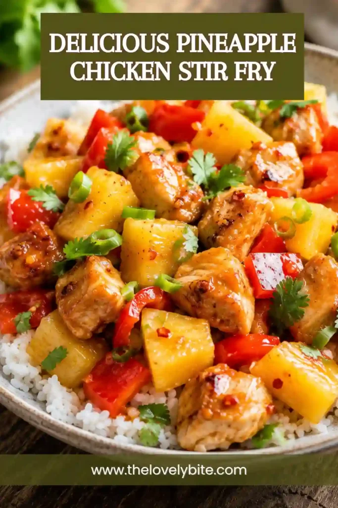 Fresh Pineapple Chicken Stir Fry featuring crisp peppers, juicy pineapple, and golden chicken pieces garnished with cilantro. Perfect for a healthy family dinner.