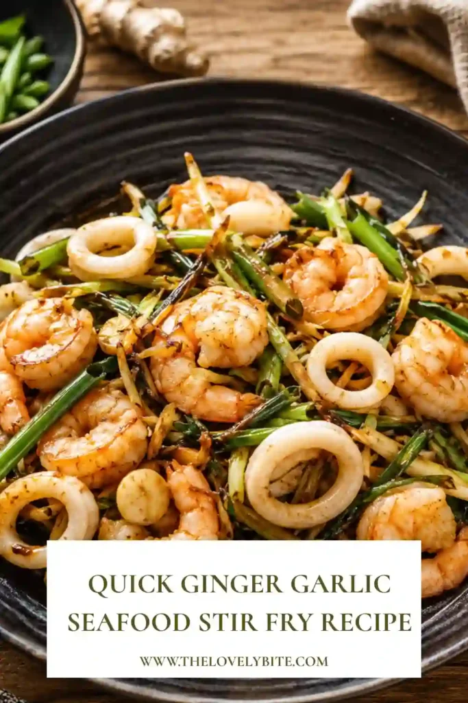 3. A colorful seafood stir fry featuring mixed seafood, ginger, garlic, and green onions in a hot wok. An easy homemade seafood recipe.