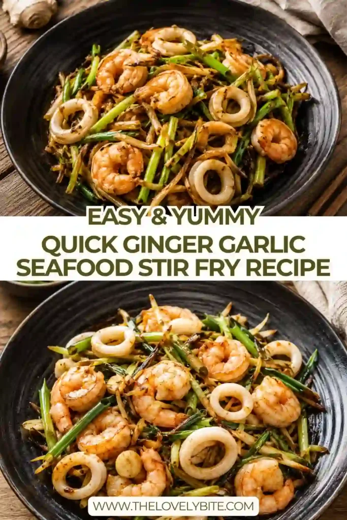 2. Tender shrimp, squid, and scallops coated in a savory ginger garlic sauce with fresh spring onions. A quick seafood stir fry perfect for busy evenings.