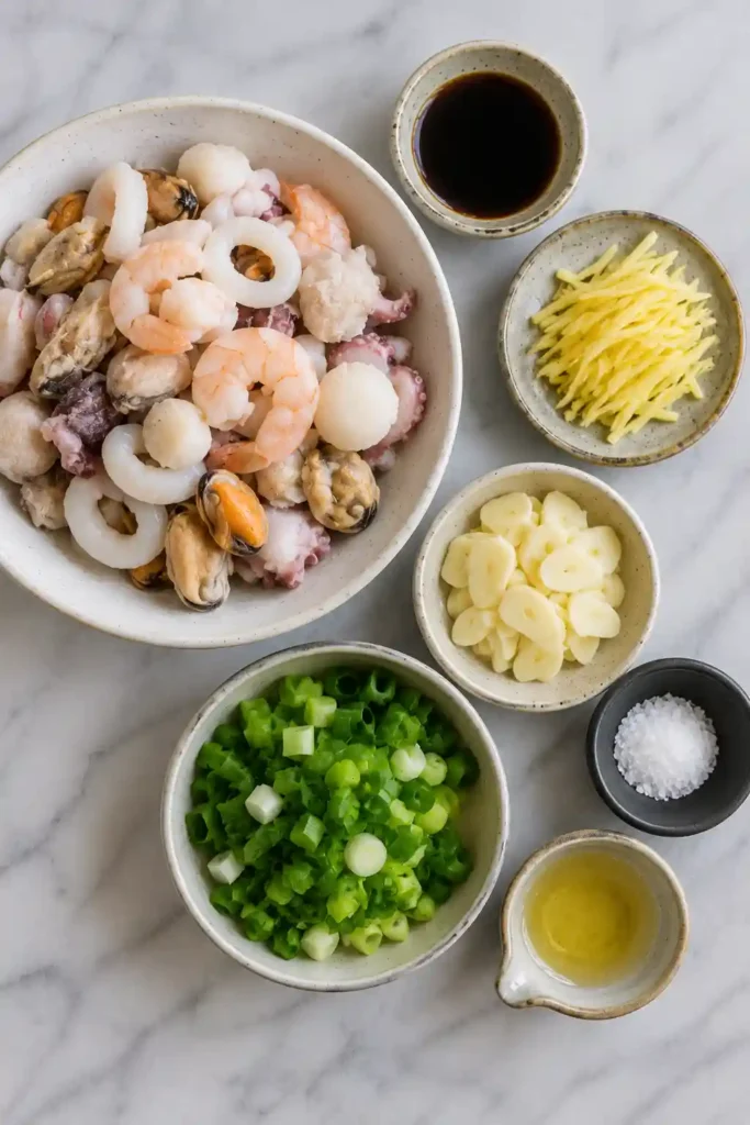 4. Fresh seafood stir fry with aromatic ginger, sliced garlic, and spring onions served in a rustic bowl. A healthy one-pan meal photographed in soft natural light.