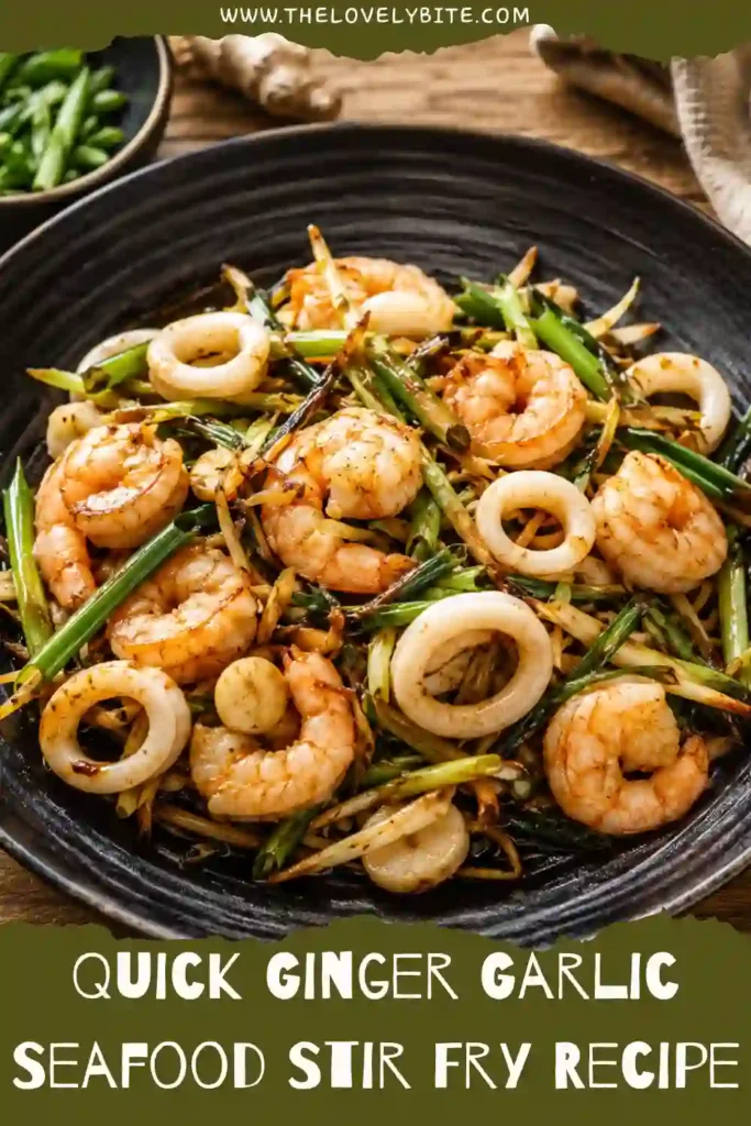 1. Mixed seafood stir-fried with fresh ginger, garlic, soy sauce, and spring onions in a wok. A healthy Asian-inspired seafood dinner served under natural lighting.