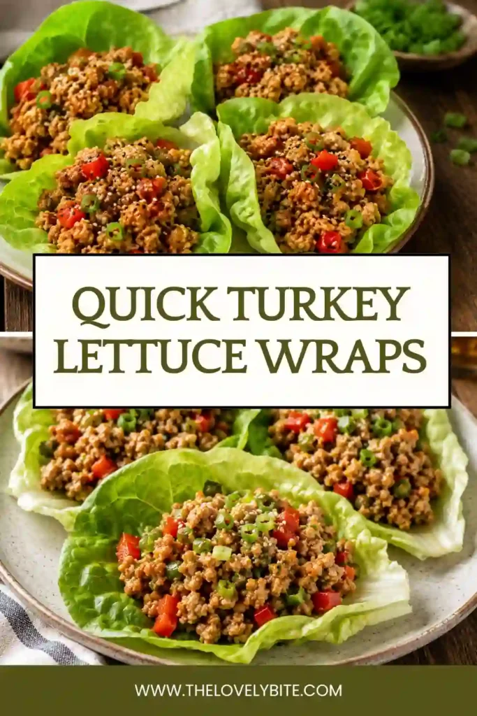 Close-up of homemade Quick Turkey Lettuce Wraps served on a platter with fresh herbs and lime wedges. The lean turkey filling is juicy, flavorful, and ideal for low carb meal prep.