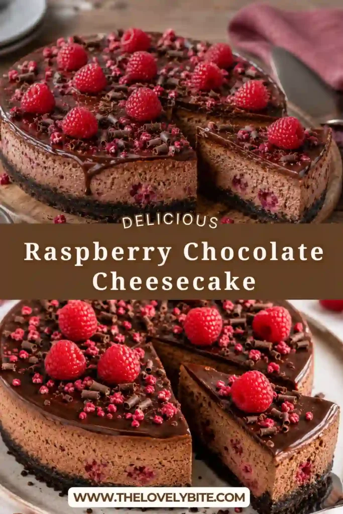 A slice of Raspberry Chocolate Cheesecake with a crunchy Oreo crust, creamy chocolate filling, glossy chocolate ganache, fresh raspberries, and chocolate curls. This baked raspberry cheesecake has rich chocolate flavor and a beautiful finish.