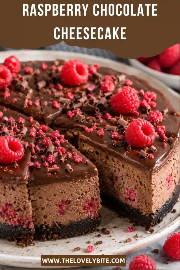 Whole baked Raspberry Chocolate Cheesecake decorated with fresh raspberries, freeze-dried raspberries, chocolate curls, and smooth chocolate ganache. A showstopping chocolate cheesecake recipe for celebrations.