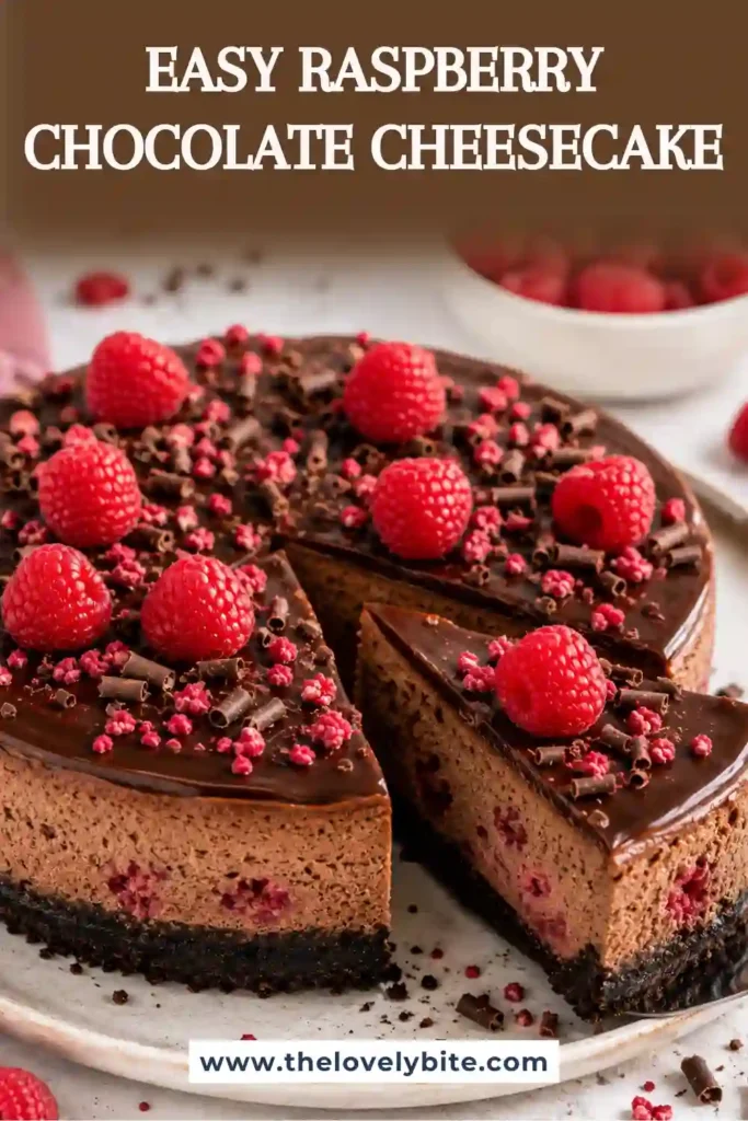 Close-up of Raspberry Chocolate Cheesecake showing creamy baked chocolate layers, Oreo crust, chocolate topping, and fresh raspberry garnish. A luxurious raspberry dessert for chocolate lovers.