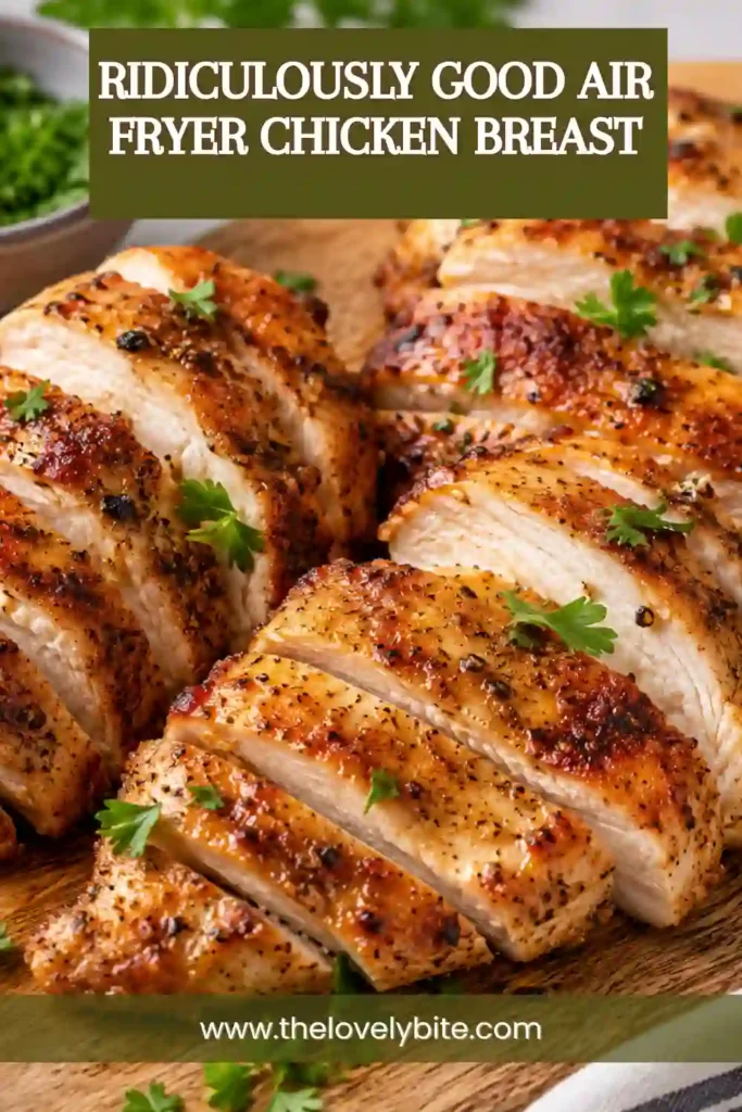 2. Perfectly cooked air fryer chicken breast served with fresh herbs and dipping sauce for an easy weeknight dinner.