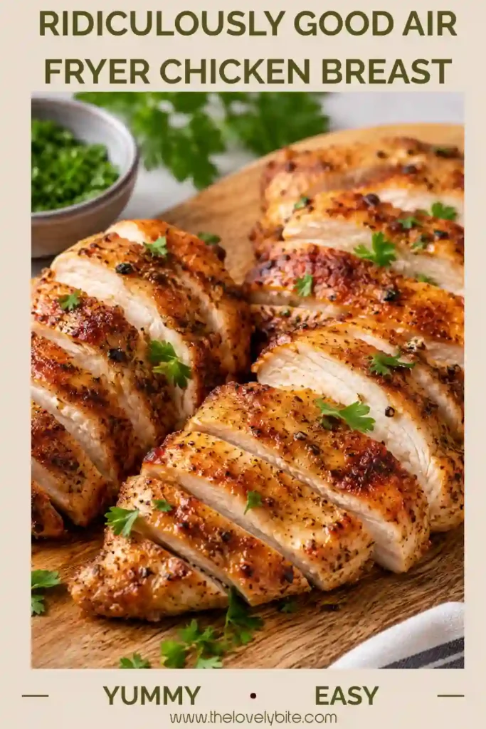 1. Juicy air fryer chicken breast sliced on a wooden cutting board with crispy golden edges and a flavorful spice crust.