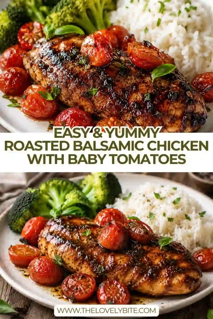 A rustic serving of Roasted Balsamic Chicken with Baby Tomatoes featuring caramelized cherry tomatoes and a glossy balsamic sauce. Fresh herbs and lemon add bright finishing touches.