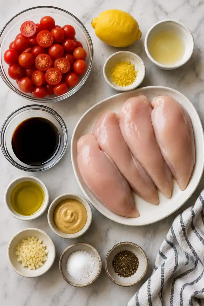 Healthy Roasted Balsamic Chicken with Baby Tomatoes arranged on a serving platter with roasted tomatoes, balsamic glaze, and lemon wedges. A simple, protein-packed Mediterranean-inspired meal.