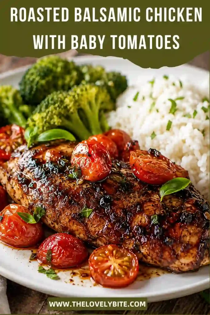 Roasted Balsamic Chicken with Baby Tomatoes served in a baking dish with juicy chicken breasts, roasted cherry tomatoes, and fresh lemon slices. A flavorful one-pan dinner with a rich balsamic glaze.