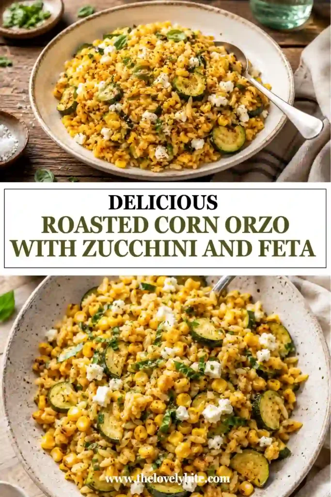 Fresh Roasted Corn Orzo served warm with roasted zucchini, creamy feta, herbs, and citrus dressing. This Mediterranean-inspired pasta dish is vibrant, healthy, and perfect for summer.