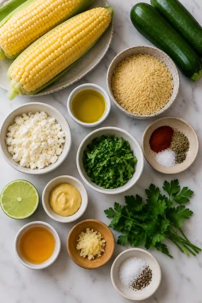 A rustic serving of Roasted Corn Orzo garnished with fresh herbs and crumbled feta showcases roasted vegetables and tender pasta in a fresh Mediterranean-style dish.