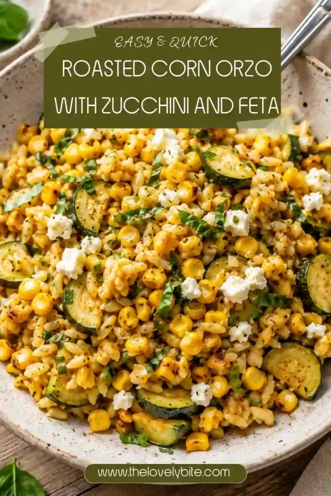 A bowl of Roasted Corn Orzo with charred sweet corn, roasted zucchini, crumbled feta cheese, and fresh basil tossed in a tangy lime dressing. The colorful pasta dish is photographed in natural light for a fresh summer presentation.