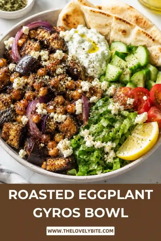 A Roasted Eggplant Gyros Bowl filled with caramelized eggplant, roasted chickpeas, quinoa, red onions, and crumbled feta. This Mediterranean bowl is colorful, wholesome, and perfect for an easy sheet pan dinner.