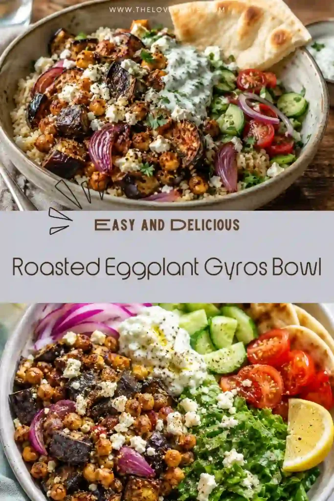 Freshly roasted eggplant and chickpeas served over fluffy quinoa with feta cheese and lemon. This vegetarian gyros bowl is packed with Mediterranean flavors and vibrant textures.