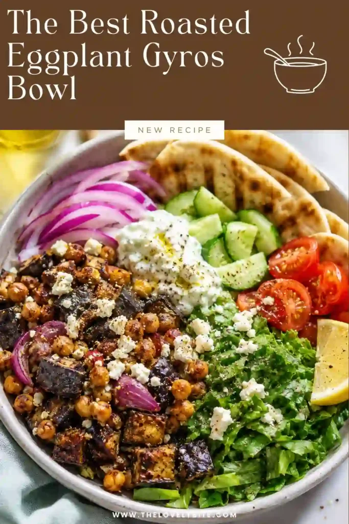 Mediterranean-inspired Roasted Eggplant Gyros Bowl featuring roasted eggplant, onions, chickpeas, quinoa, and feta cheese served warm in a rustic bowl. A satisfying and nutritious vegetarian meal.