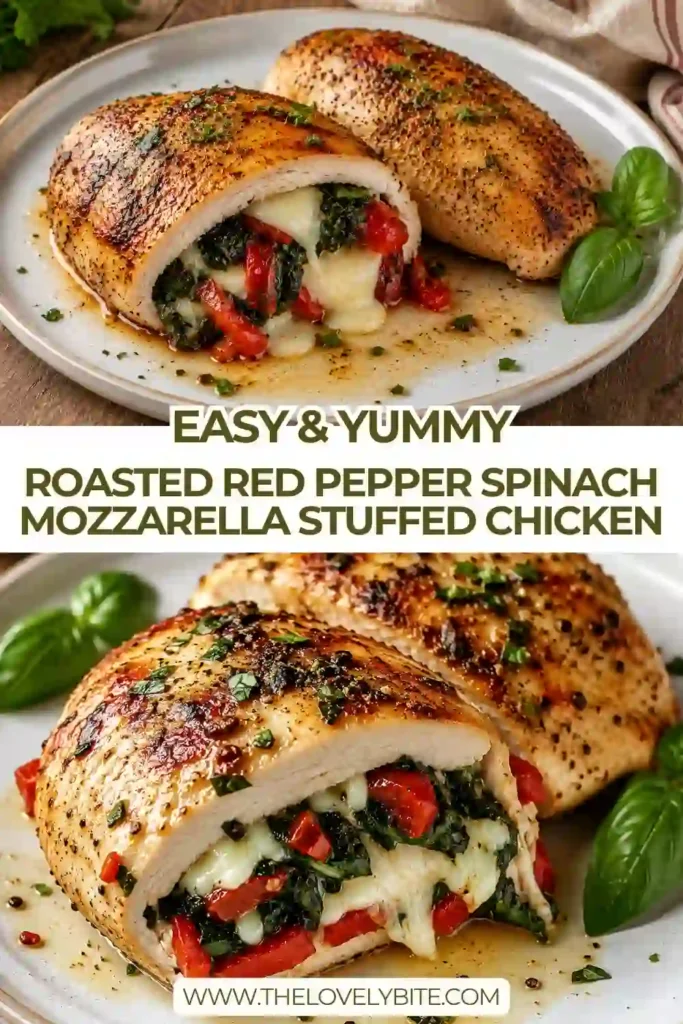 Roasted Red Pepper Spinach Mozzarella Stuffed Chicken baked until golden with melted mozzarella, wilted spinach, and roasted red peppers. The juicy chicken breast is sliced open to reveal its colorful filling.