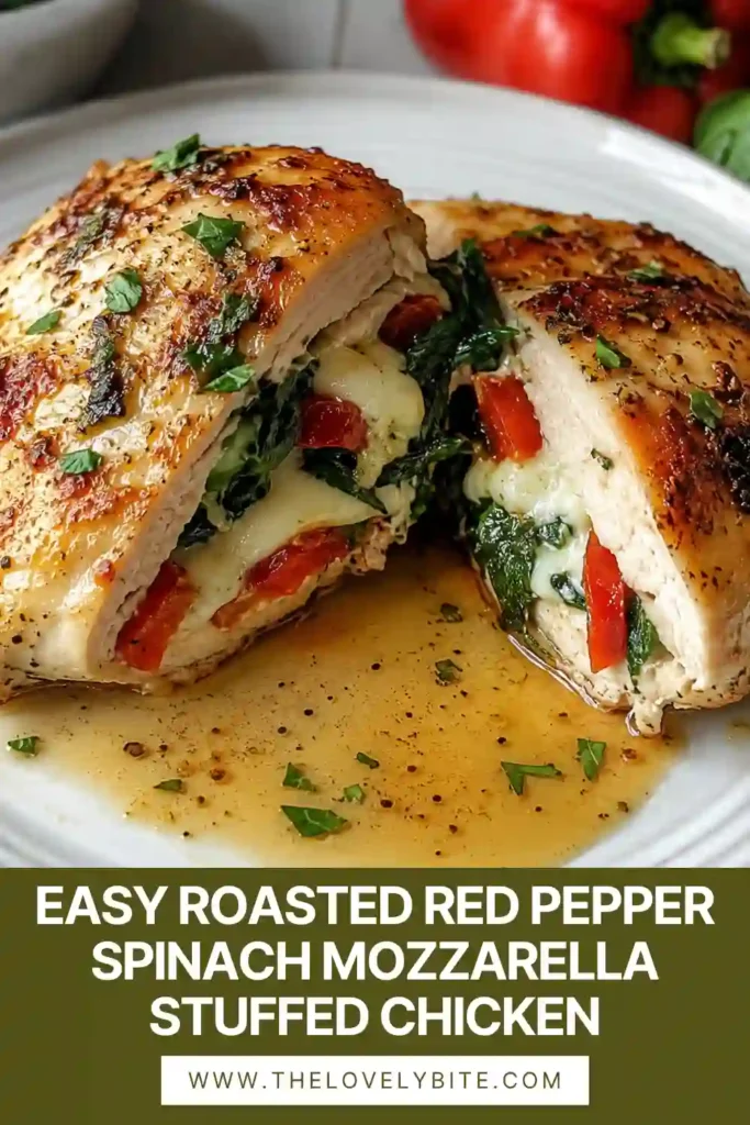 Close-up of mozzarella stuffed chicken breast with roasted red peppers and fresh spinach served on a dinner plate. The juicy chicken has a golden crust and melted cheese inside.