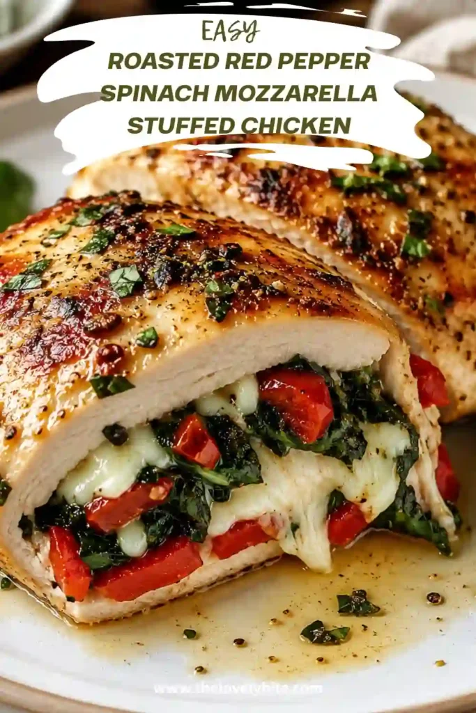 Healthy baked stuffed chicken breast filled with spinach, roasted red peppers, garlic, and fresh mozzarella cheese. Served warm with fresh herbs.