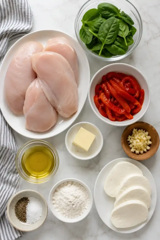 Freshly baked Roasted Red Pepper Spinach Mozzarella Stuffed Chicken served with roasted vegetables. The chicken is juicy with melted cheese and colorful vegetables inside.