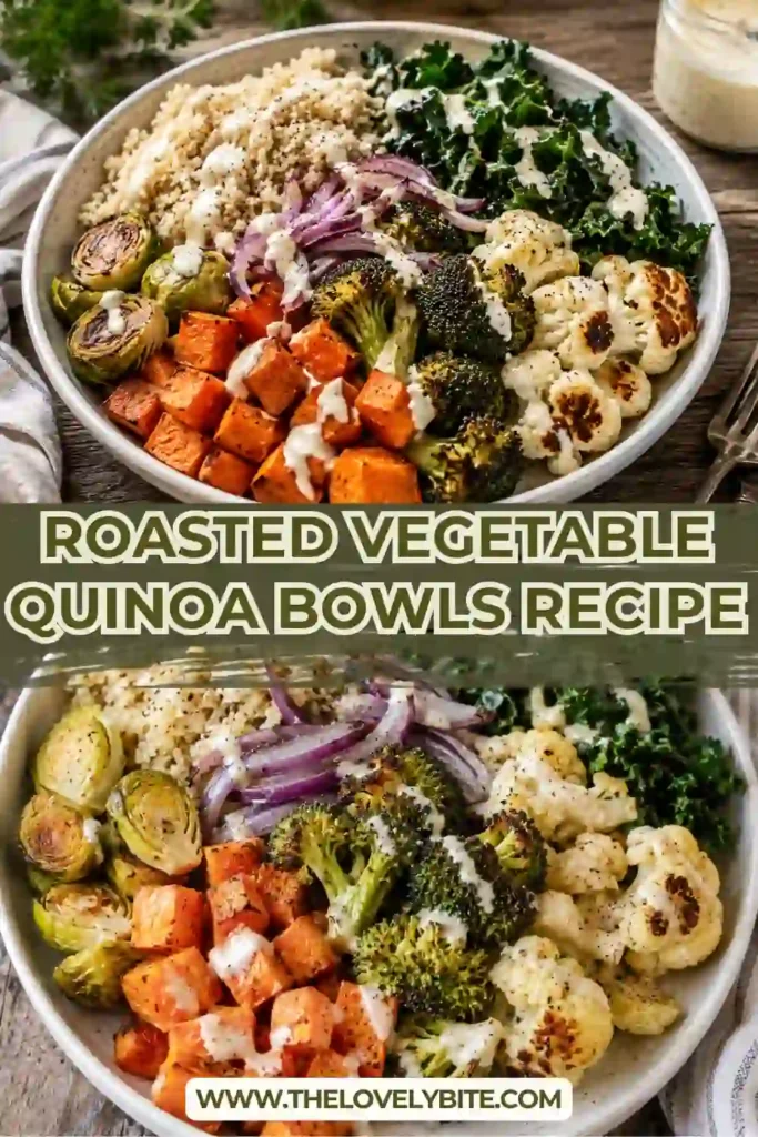 Mediterranean-inspired quinoa bowls featuring roasted vegetables, fluffy quinoa, fresh kale, and creamy tahini dressing served in a rustic bowl.