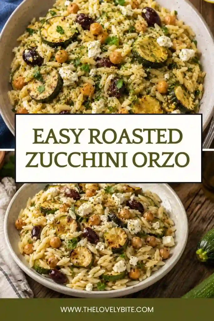 A bowl of Roasted Zucchini Orzo with caramelized zucchini, crispy chickpeas, crumbled feta, Kalamata olives, and fresh parsley tossed in a bright lemon herb dressing. This colorful Mediterranean-inspired pasta dish is perfect for a healthy vegetarian dinner or meal prep.