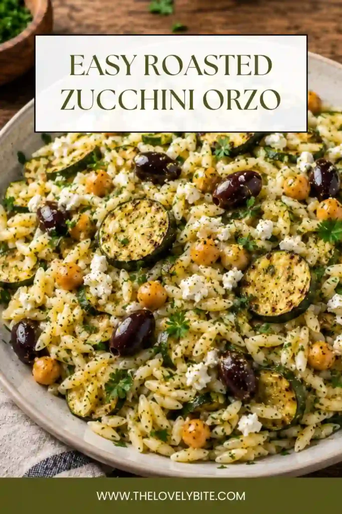 Roasted Zucchini Orzo served warm with tender orzo, smoky roasted zucchini, crispy chickpeas, creamy feta cheese, and fresh parsley. A vibrant Mediterranean recipe that's easy enough for weeknight dinners and flavorful enough for entertaining.
