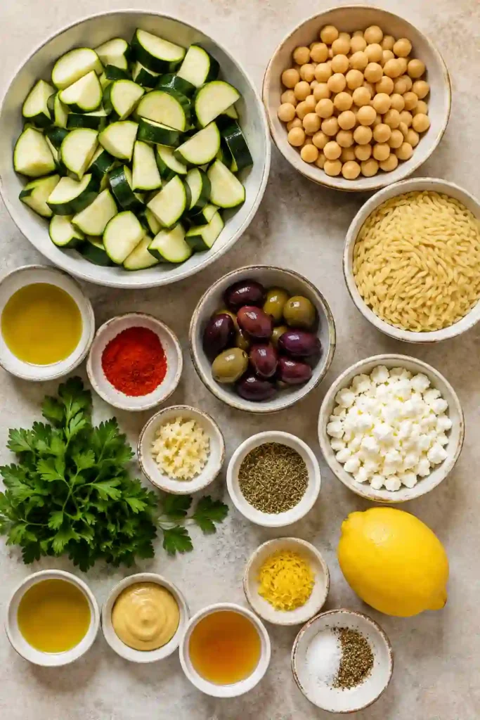A hearty serving of Roasted Zucchini Orzo topped with crumbled feta, chopped parsley, and roasted chickpeas. This easy Mediterranean orzo recipe combines fresh vegetables, pasta, and bright citrus flavors for a delicious vegetarian meal.
