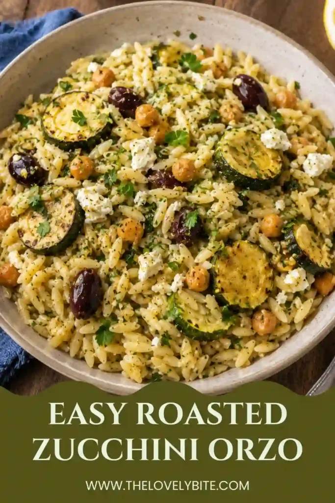 Fresh Roasted Zucchini Orzo featuring golden roasted zucchini, chickpeas, feta, olives, and herbs mixed with tender orzo pasta and a tangy lemon Dijon dressing. This wholesome zucchini orzo recipe is light, satisfying, and full of Mediterranean flavors.
