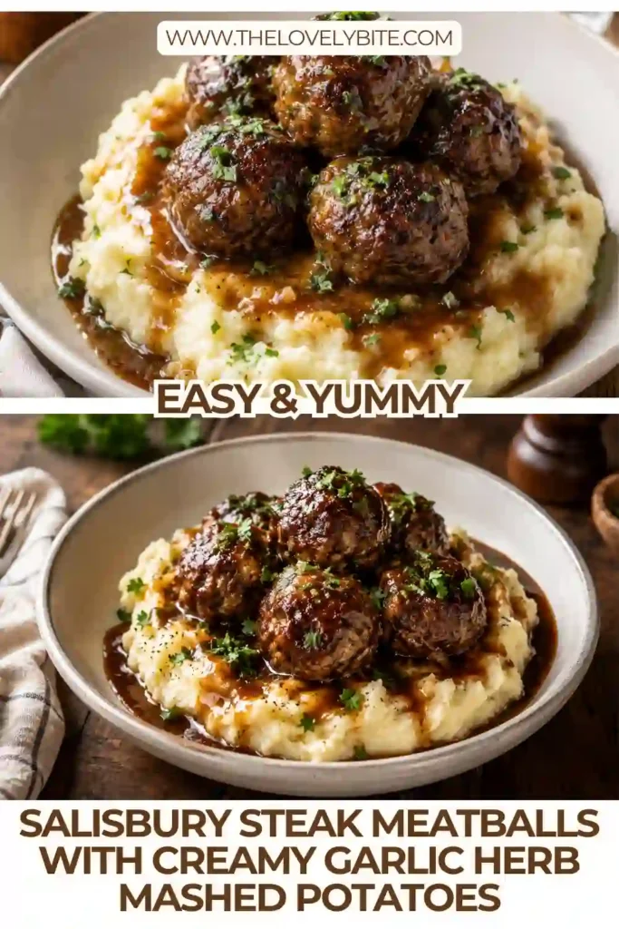 Tender Salisbury steak meatballs resting on fluffy garlic herb mashed potatoes with homemade onion gravy. A classic American comfort food recipe.