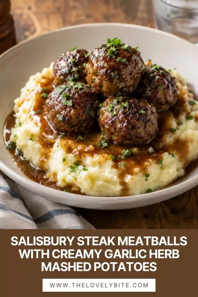 A serving of Salisbury steak meatballs covered in rich onion gravy over creamy garlic herb mashed potatoes. This hearty comfort food meal is garnished with fresh parsley.