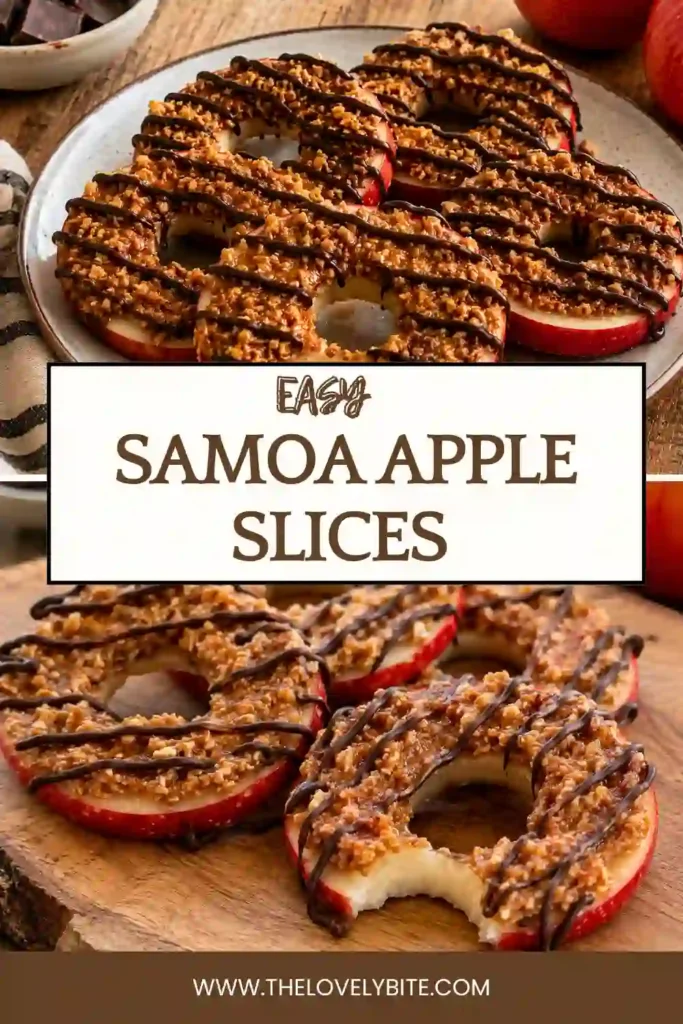 Fresh Samoa Apple Slices topped with creamy coconut almond butter filling and finished with a rich chocolate drizzle. This healthy apple snack is inspired by classic Girl Scout cookies and makes an easy no-bake dessert.