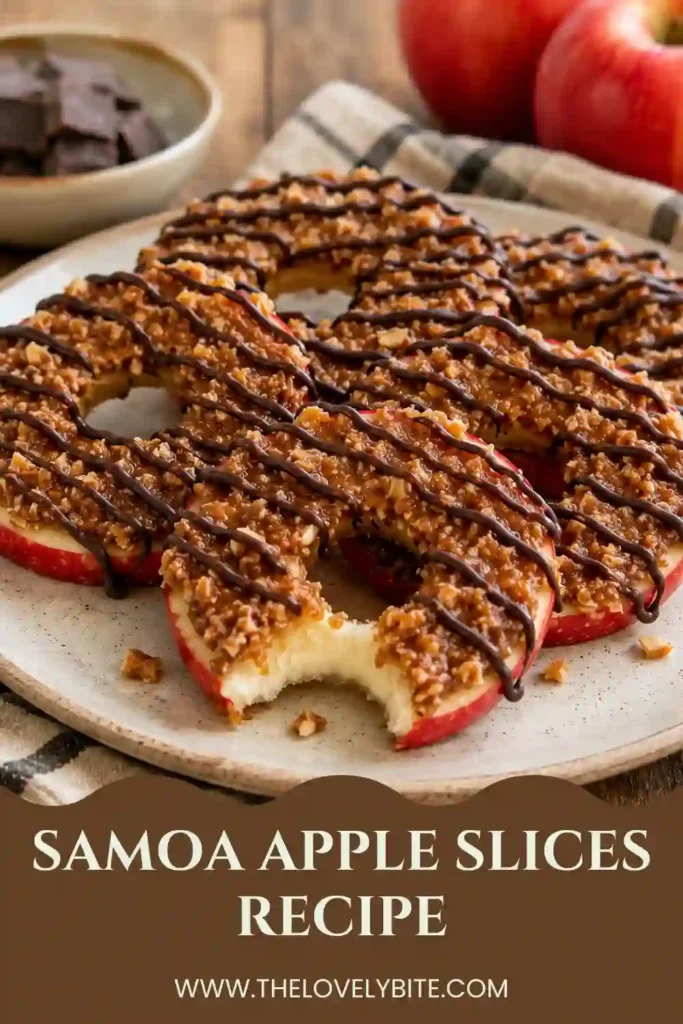 A plate of Samoa Apple Slices featuring crisp apple rings layered with coconut filling and melted chocolate. This easy protein apple slices recipe is perfect for healthy snacking.