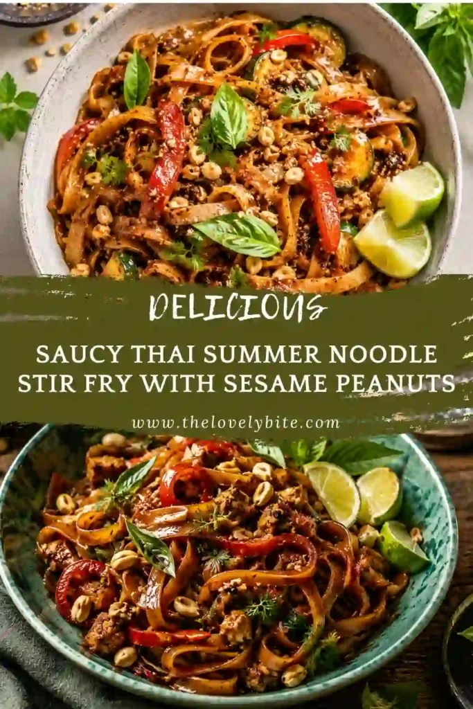 Fresh summer noodle stir fry made with chicken, Thai basil, colorful vegetables, and sesame peanuts served with lime wedges.