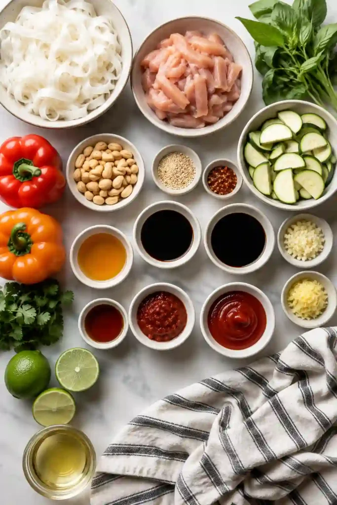 A close-up of Thai rice noodle stir fry topped with caramelized sesame peanuts, cilantro, basil, and fresh lime.