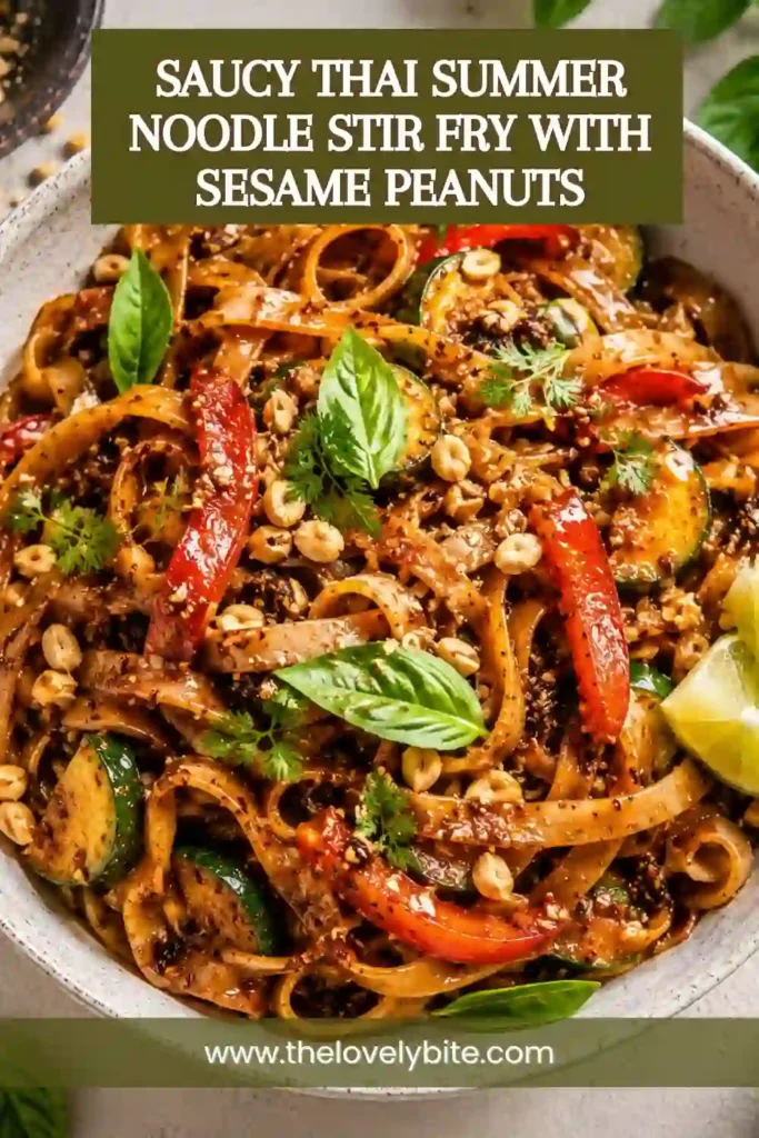 A bowl of Saucy Thai Summer Noodle Stir Fry with tender chicken, wide rice noodles, colorful bell peppers, zucchini, fresh basil, cilantro, and crunchy sesame peanuts. The glossy Thai-inspired sauce coats every bite beautifully.