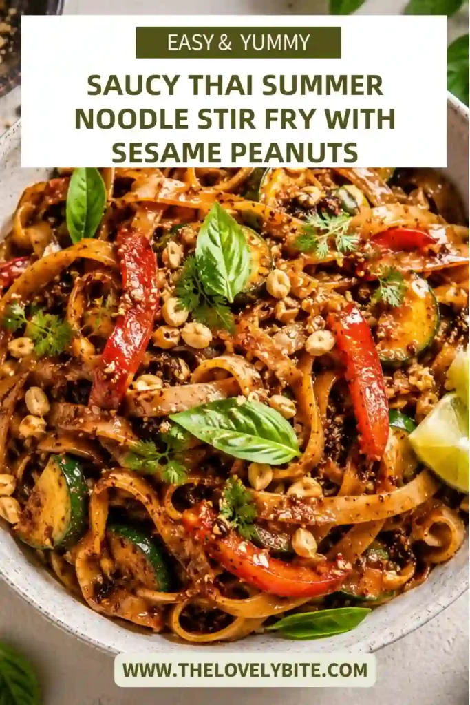 Thai-inspired chicken rice noodles served with fresh basil, zucchini, bell peppers, sesame seeds, and roasted peanuts in a flavorful homemade stir fry sauce.