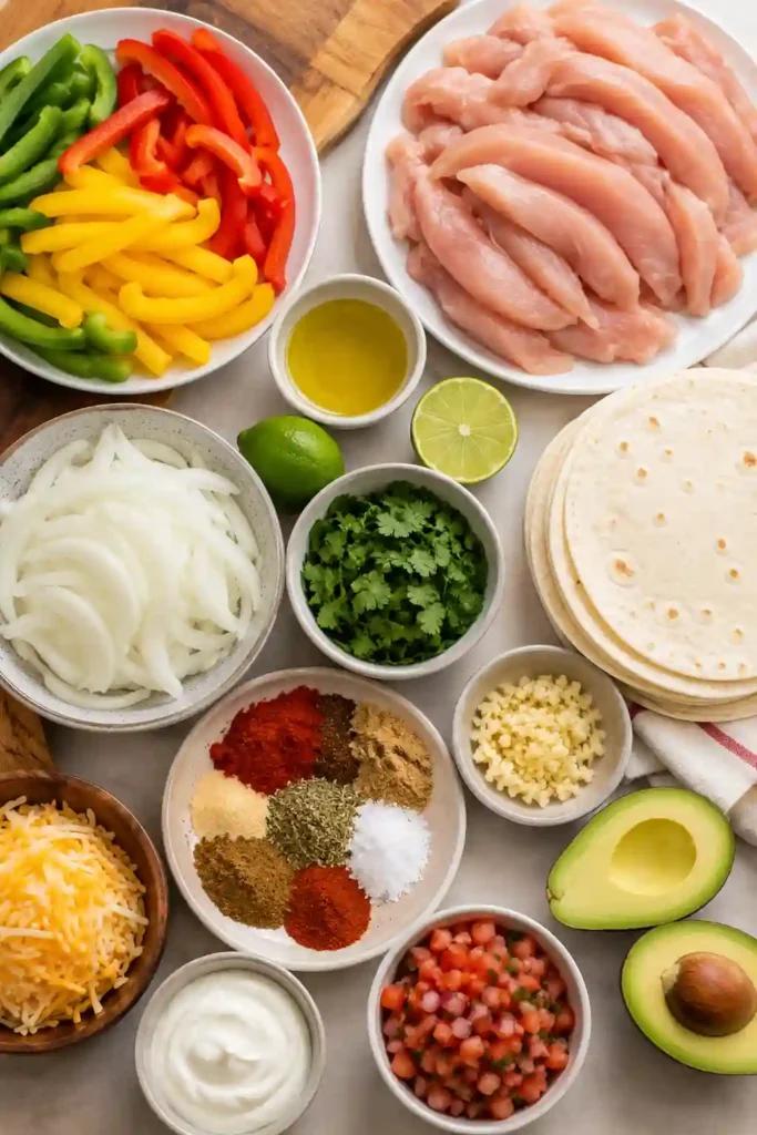 Homemade Sheet Pan Chicken Fajitas served with warm tortillas, guacamole, pico de gallo, and shredded cheese. An easy Tex-Mex recipe full of bold flavors and vibrant vegetables.