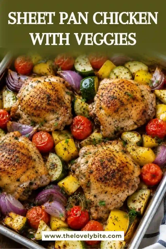 Golden roasted chicken and vegetables arranged on a sheet pan with crispy potatoes, broccoli, peppers, and onions. This easy sheet pan chicken dinner is fresh, wholesome, and family-friendly.