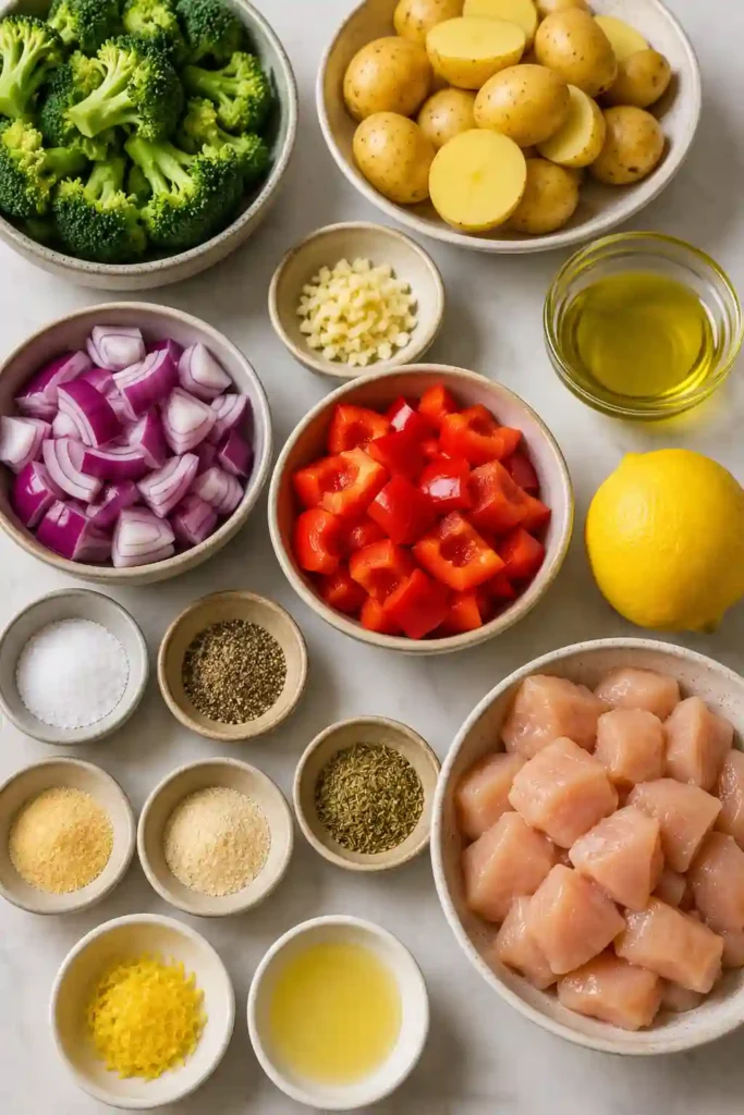 Freshly roasted Sheet Pan Chicken with Veggies featuring juicy chicken breast, baby potatoes, broccoli, red onion, and bell peppers with lemon herb seasoning. A colorful and healthy one pan dinner perfect for busy weeknights.