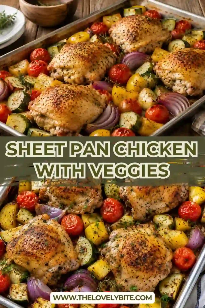 Flavorful Sheet Pan Chicken with Veggies served fresh from the oven with roasted vegetables and bright lemon seasoning. An easy, protein-packed family meal.