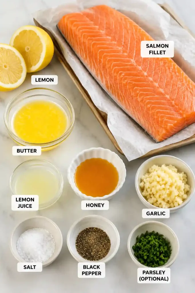 Freshly baked Sheet Pan Lemon Garlic Butter Salmon topped with parsley and surrounded by lemon slices. The flaky salmon is coated in a rich garlic butter sauce for an easy and healthy dinner.